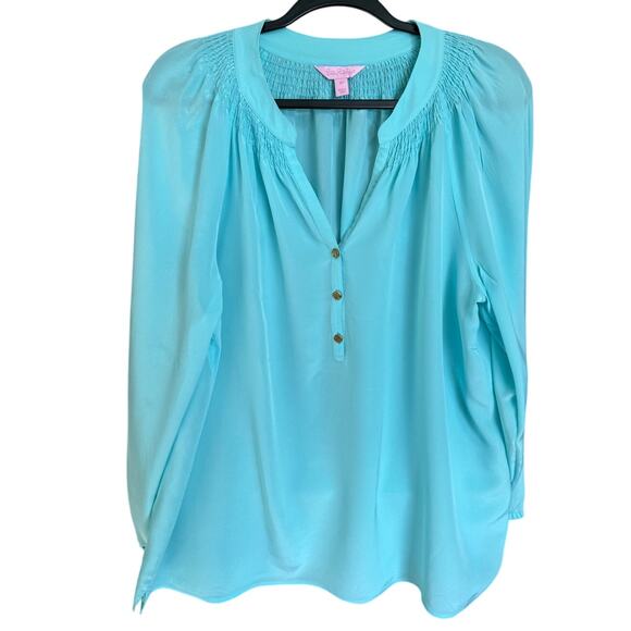 Lilly Pulitzer Elsa Silk Top Blouse Long Sleeve Smocked Neck Bali Blue Size XL - Picture 7 of 14